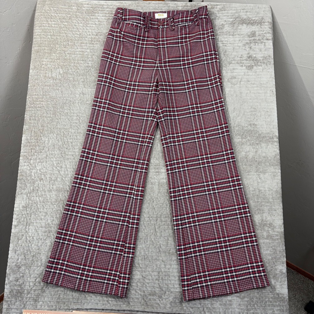 Maeve Anthropologie Red Plaid Wide Leg Trousers High Rise Tweed Pants Size 6